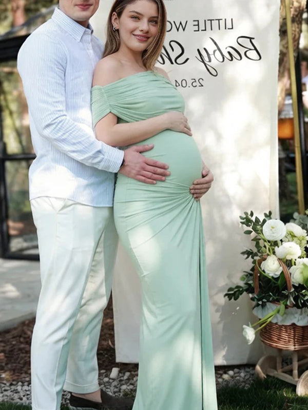 Green Oblique Shoulder Ruched Bodycon Backless Maternity Maxi Dress