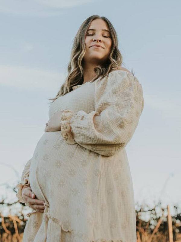 Momsmood Apricot Daisy Print Smocked Off Shoulder Ruffle Big Swing Elegant Vacation Maternity Photoshoot Baby Shower Party Maxi Dress