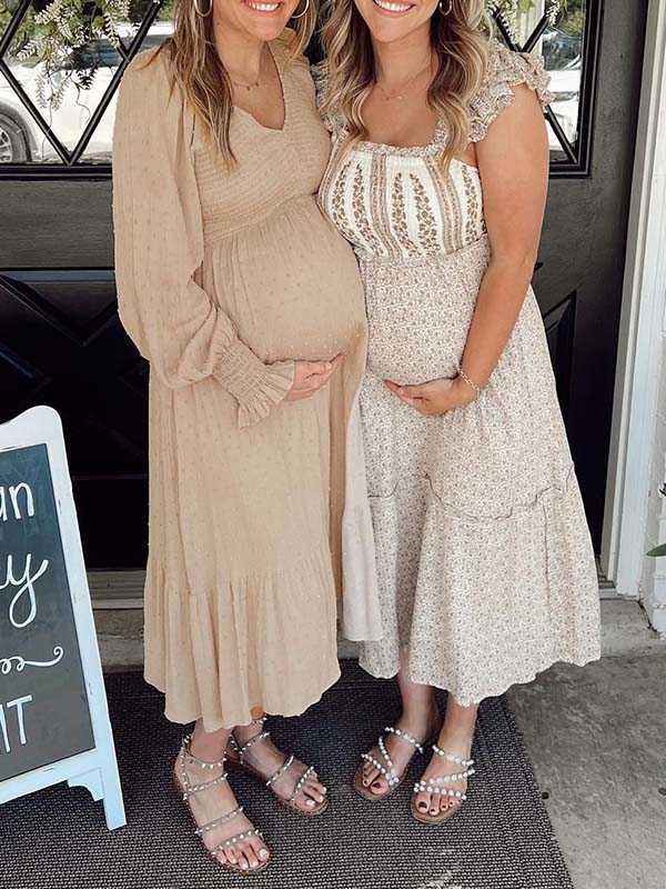 Momsmood Apricot Smocked Flouncy V neck Daily Going out Baby Shower Maternity Photoshoot Midi Dress