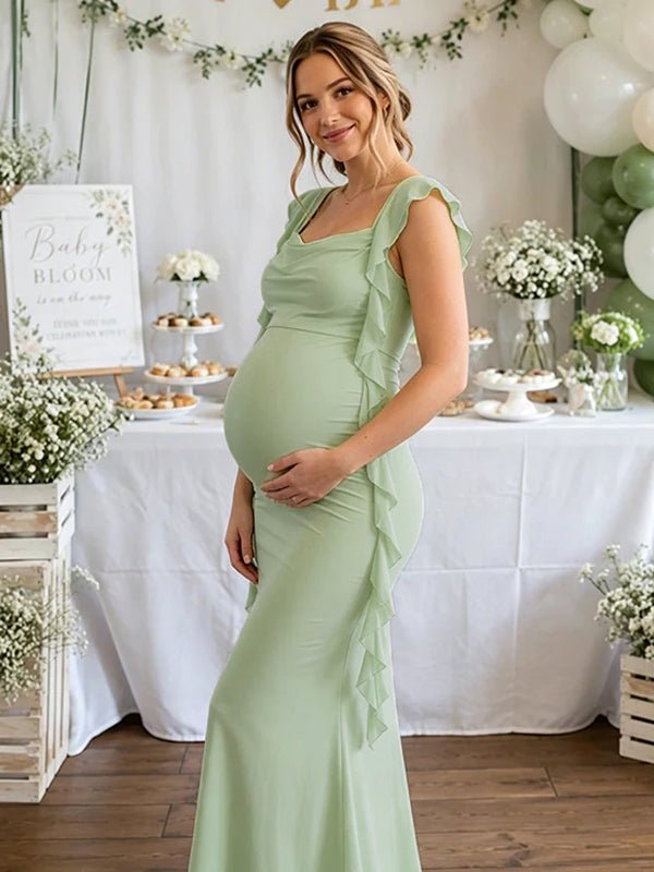Elegant Green Backless Ruched Falbala Side Draped Maternity Maxi Dress