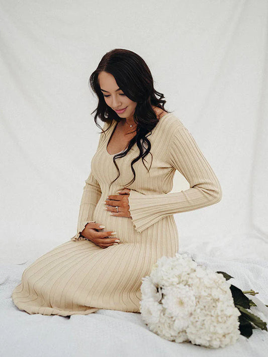 Momsmood Knit Pleated Big Swing V-neck Plus Size Sweater Elegant Going Out Maternity Photoshoot Baby Shower Maxi Dress