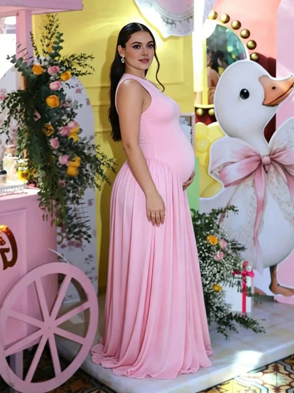Round Neck Ruched Draped Curved drop waist Bodycon Maternity Maxi Dress