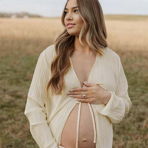 Momsmood Beige lace-up Flare Sleeve Modern Fashion Maternity Photoshoot Blouse
