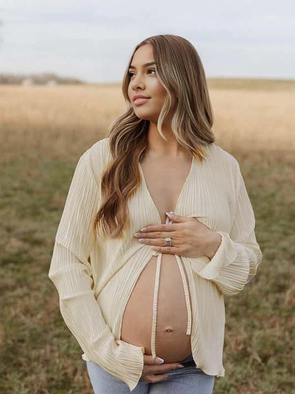 Momsmood Beige lace-up Flare Sleeve Modern Fashion Maternity Photoshoot Blouse