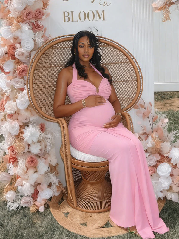 Momsmood Halter Neck Backless Ruched Lace Up Maternity Baby Shower Maxi Dress