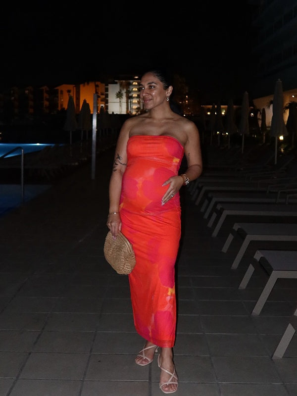 Momsmood  Red-Orange Color Stamp Duty Side Slit Vacation Beach Baby Shower Maternity Photoshoot Maxi Dress