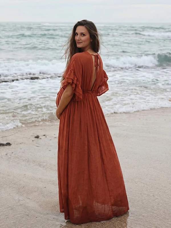 Momsmood Red Drawstring Single Breasted Ruffle Tie Back Maternity Photoshoot Maxi Dress