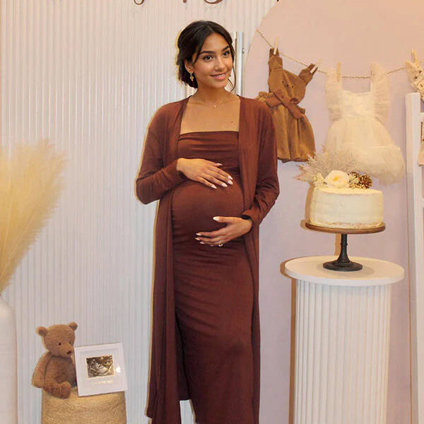 Momsmood Brown 2-in-1 Solid Color Elegant Bodycon Baby Shower Maternity Maxi Dress