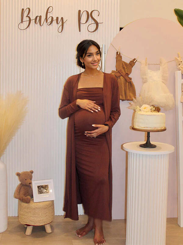 Momsmood Brown 2-in-1 Solid Color Elegant Bodycon Baby Shower Maternity Maxi Dress