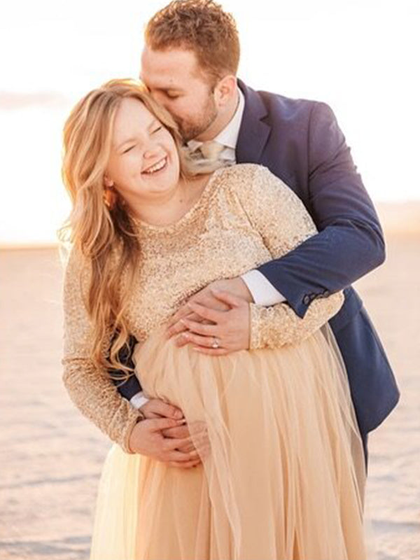 Momsmood Champion Sequin Tulle Splicing Long Sleeve Party Gown Photoshoot Maternity Baby Shower Maxi Dress