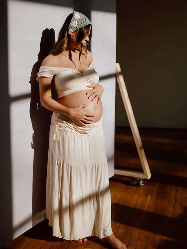 Momsmood Ivory White Two Piece Set Off Shoulder Ruffle Falbala Bodycon Elegant Maternity Boho Photoshoot Baby Shower Maxi Dress
