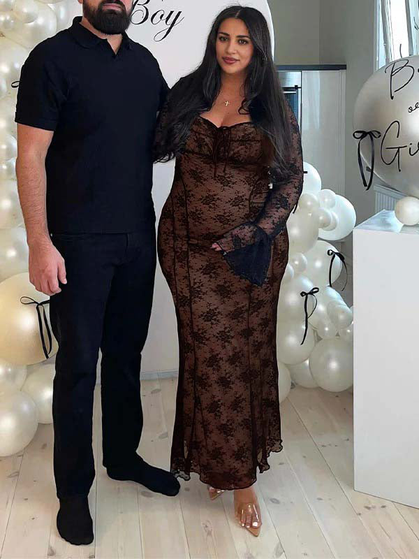 Momsmood Black Lace Bow Grenadine Flare Sleeve Mermaid Back Lace Up Photoshoot Baby Shower Maternity Maxi Dress