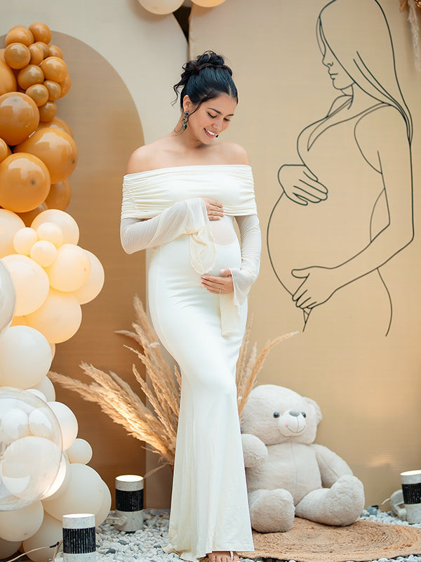 Apricot Off Shoulder Flare Sleeve Maternity Baby Shower Maxi Dress