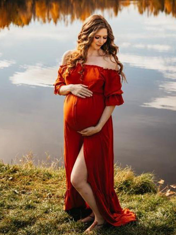 Momsmood Off Shoulder Buttons Front Slit Open Train Elegant Photoshoot Maternity Maxi Dress