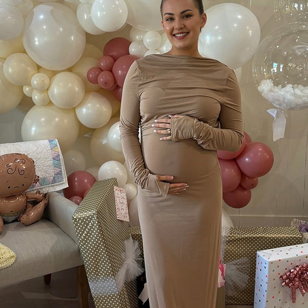 Momsmood Khaki Round Neck Ruched Bodycon Daily Going out Baby Shower Maternity Photoshoot Maxi Dress