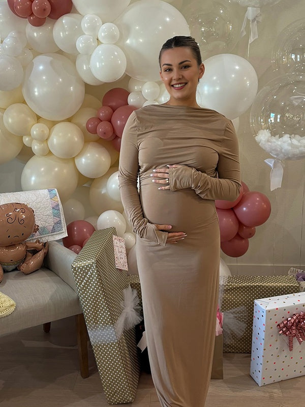 Momsmood Khaki Round Neck Ruched Bodycon Daily Going out Baby Shower Maternity Photoshoot Maxi Dress
