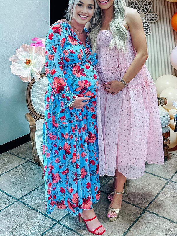Momsmood V neck Crushed Flower Tulle Vacation Beach Baby Shower Maternity Photoshoot Maxi Dress
