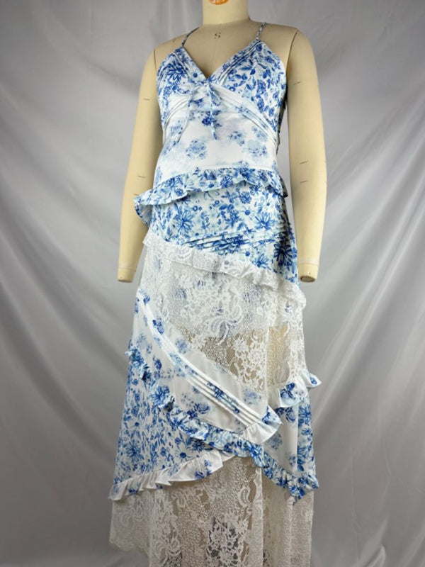 Blue Spaghetti Strap Strap Stamp Lace Falbala Maternity Baby Shower Maxi Dress
