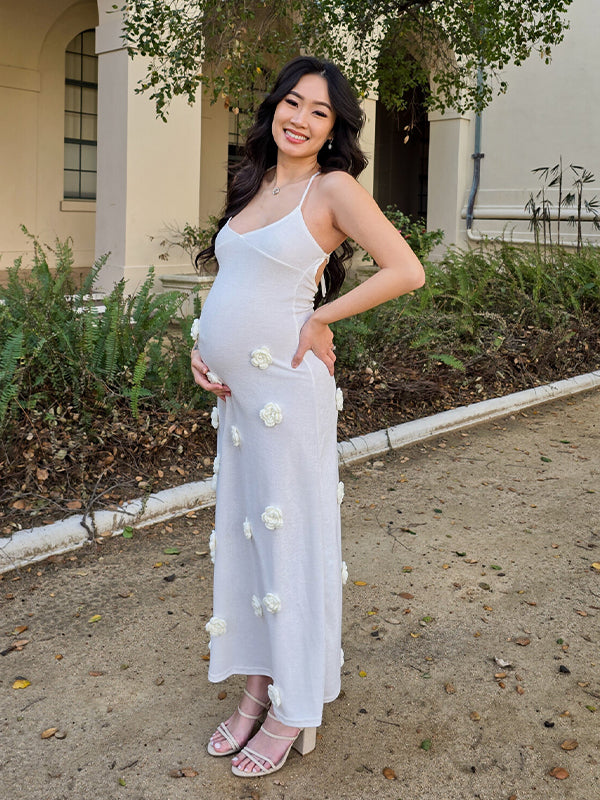 Momsmood White Halter Neck Backless 3D Flowers Crochet Mermaid Bodycon Elegant Baby Shower Maternity Maxi Dress