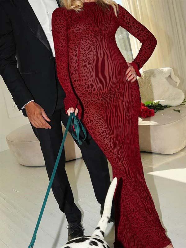 Momsmood Red Leopard Backless Slit Flare Sleeve Sheer Bodycon Party Baby Shower Maternity Maxi Dress