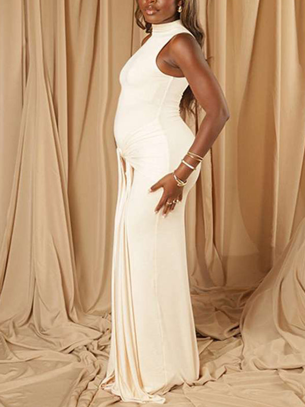 Momsmood Beige Ruched Wrap Draped High Neck Sleeveless Bodycon Chic Going Out Maternity Photoshoot Baby Shower Maxi Dress