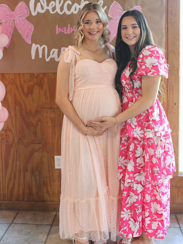 Momsmood Light Pink Polka Dot Bow Ruffle Falbala Tie-Shoulder A-line Tulle Princess Dress Elegant Maternity Photoshoot Baby Shower Maxi Dress
