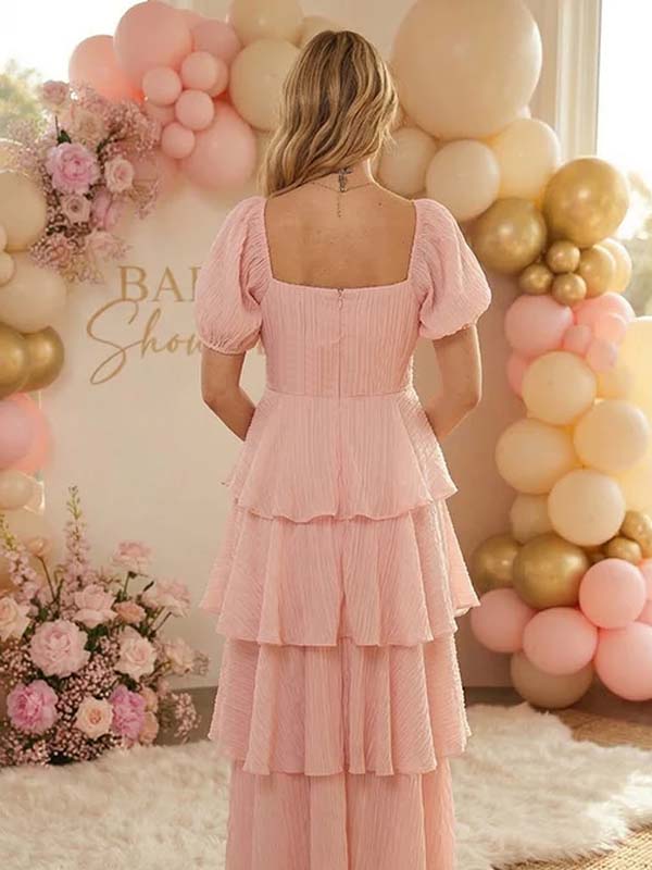 Romantic Tiered Ruffle Square Neck Puff Sleeve Maternity Maxi Dress