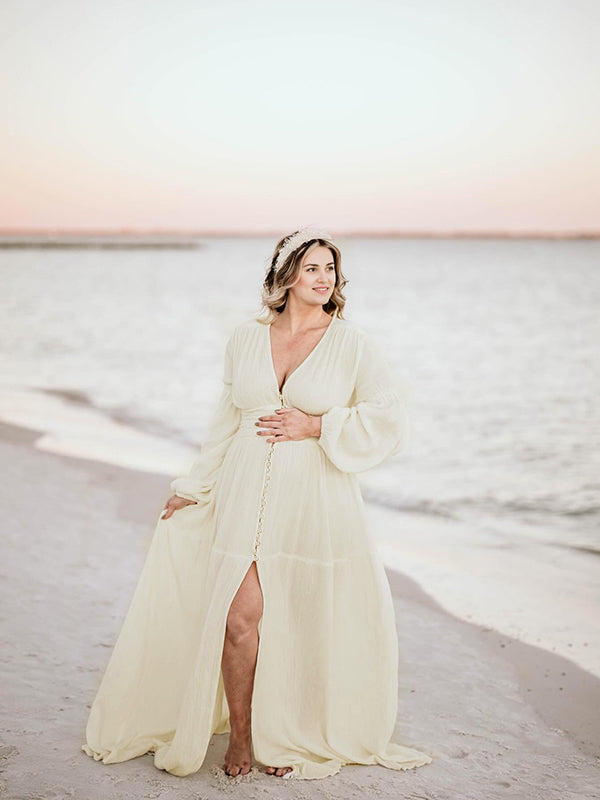 Momsmood Ivory White Single Breasted Open Front Big Swing Deep V-neck Robe Elegant Wedding Gown Maternity Boho Photoshoot Maxi Dress