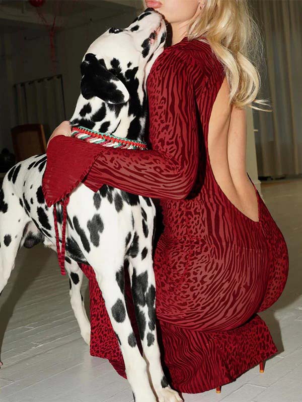 Momsmood Red Leopard Backless Slit Flare Sleeve Sheer Bodycon Party Baby Shower Maternity Maxi Dress