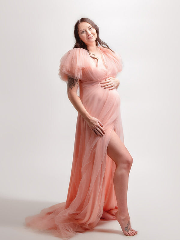 Momsmood Maternity Tulle Ruffle V-neck Slit Plus Size Photoshoot Baby Shower Maxi Dress