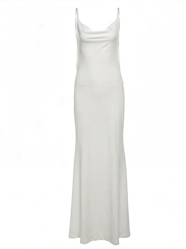 White Backless Spaghetti Strap Maternity Maxi Dress with Lace Back Detail