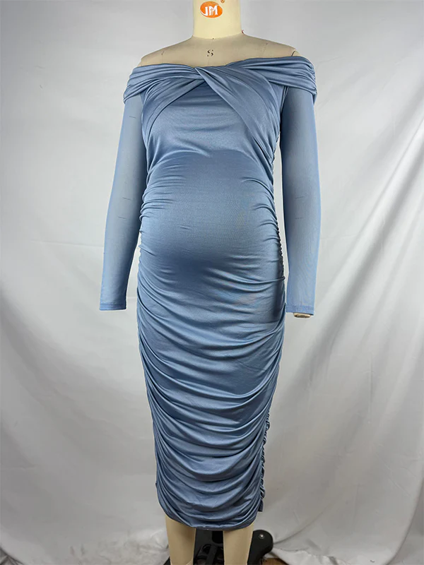 Momsmood Blue Ruched Off Shoulder Cross Chest Bodycon Elegant Wedding Guest Maternity Photoshoot Midi Dress