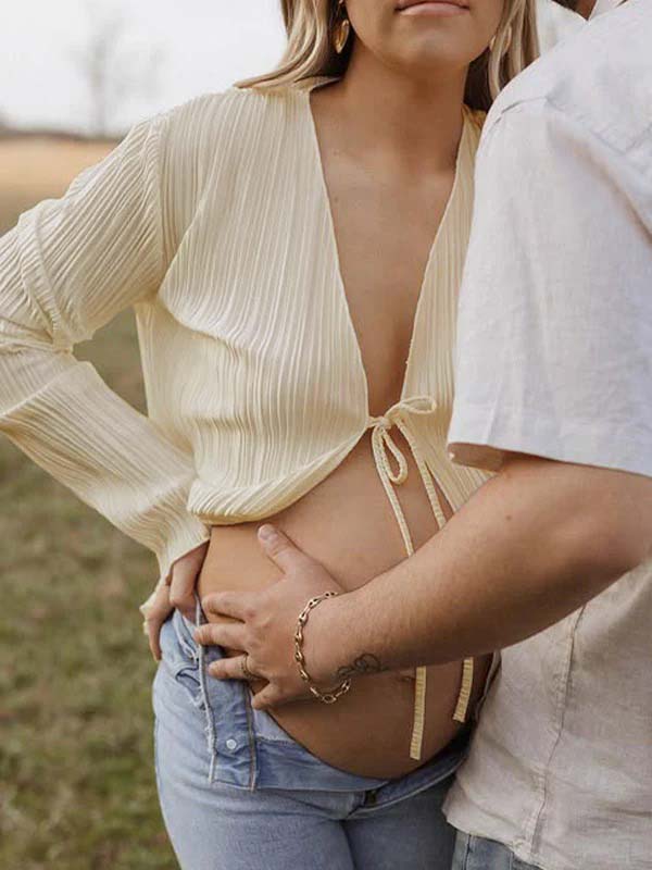 Momsmood Beige lace-up Flare Sleeve Modern Fashion Maternity Photoshoot Blouse