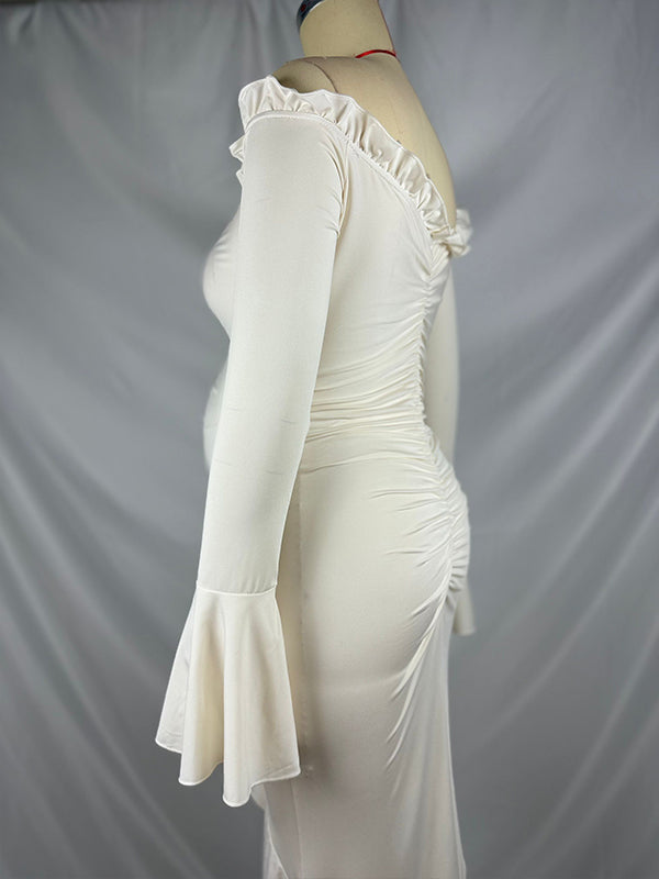 Momsmood Beige Off Shoulder Ruffle Falbala Ruched Slit Mermaid Elegant Maternity Baby Shower Maxi Dress