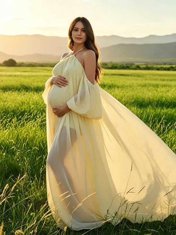 Yellow Mesh Off Shoulder Backless Boho Flowy Maternity Maxi Dress
