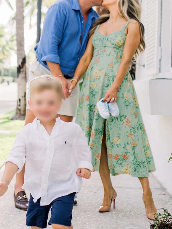 Momsmood Green Floral Side Slit Ruffle Bow Flowy Back Zipper Photoshoot Baby Shower Maternity Maxi Dress
