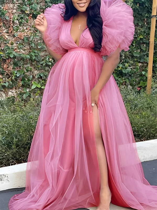 Momsmood Maternity Plus Size Tulle Ruffle V-neck Slit Photoshoot Baby Shower Maxi Dress