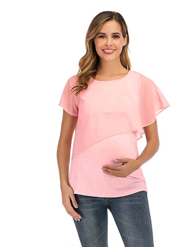 Momsmood Solid Color Chiffon Ruffle Falbala Round Neck Short Sleeve Breastfeeding T-shirt Basic Going Out Daily Maternity Nursing Top