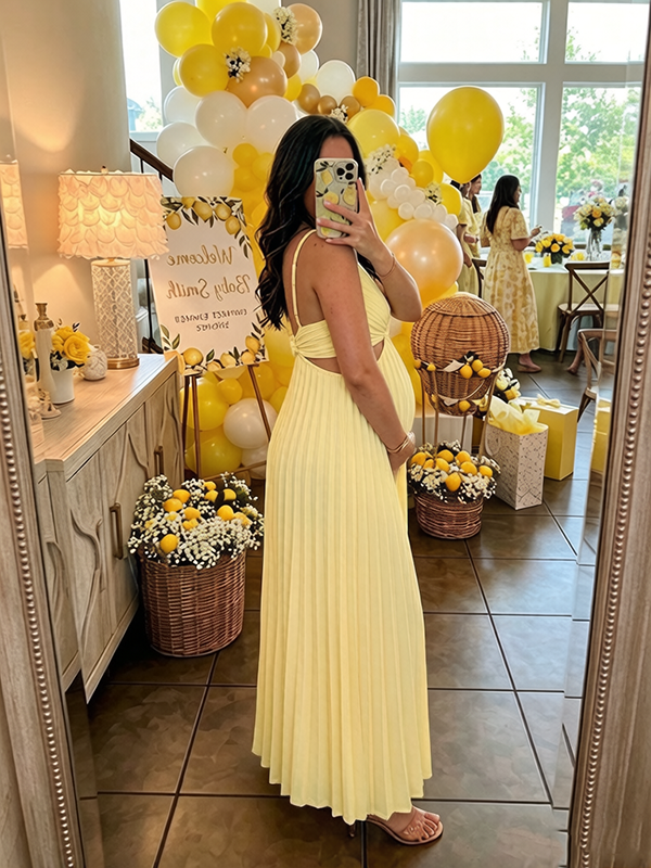 Elegant Yellow Pleated Flowy A-Line Waist Cutout Maternity Maxi Dress