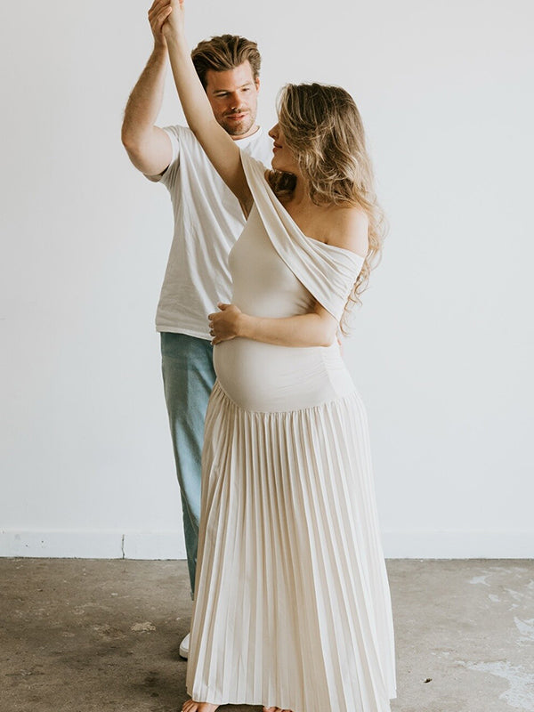 Apricot Off Shoulder Drop Waist Maternity Maxi Dress