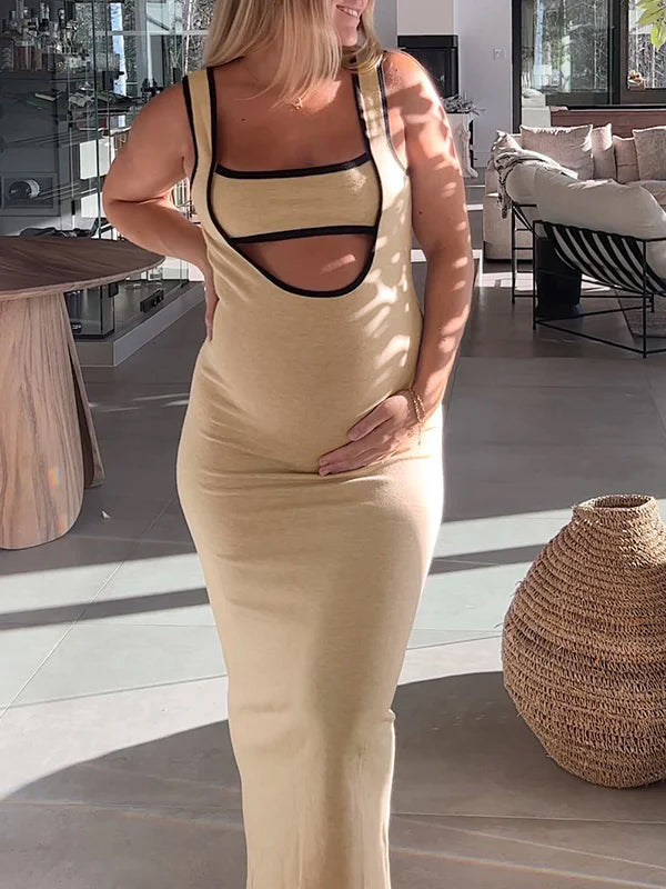 Momsmood Apricot Hit Color Cut Out Crop Backless U-neck Bodycon Knitted Tank Dress Chic Going Out Maternity Photoshoot Baby Shower Maxi Dress