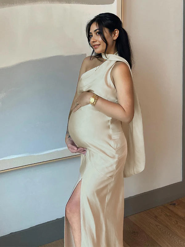 Momsmood Apricot Satin Backless Halter Neck Irregular Side Slit Mermaid Bodycon Cocktail Party Gowns Baby Shower Maternity Maxi Dress