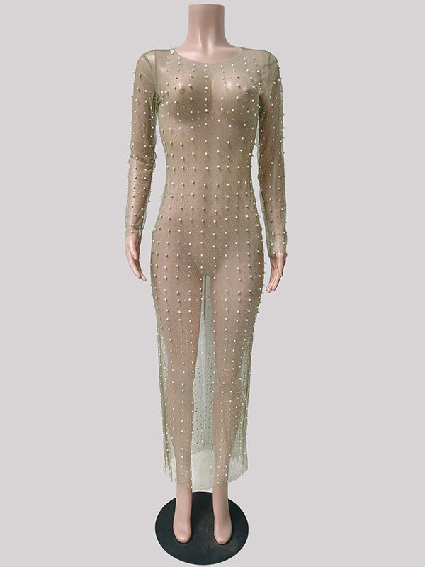 Momsmood Mesh Solid Color Beading Pearl Rhinestone Long Sleeve Cover-ups Side Slit Photoshoot Maternity Maxi Dress