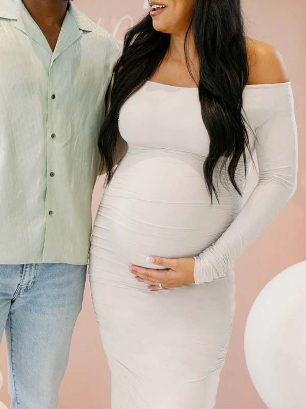 Momsmood White Off Shoulder Ruched Baby Shower Maternity Maxi Dress