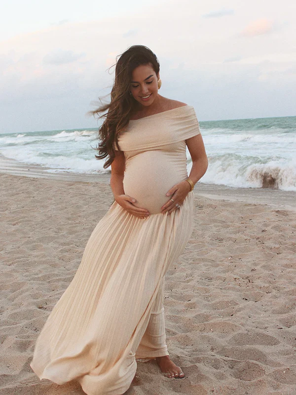 Apricot Off Shoulder Drop Waist Maternity Maxi Dress