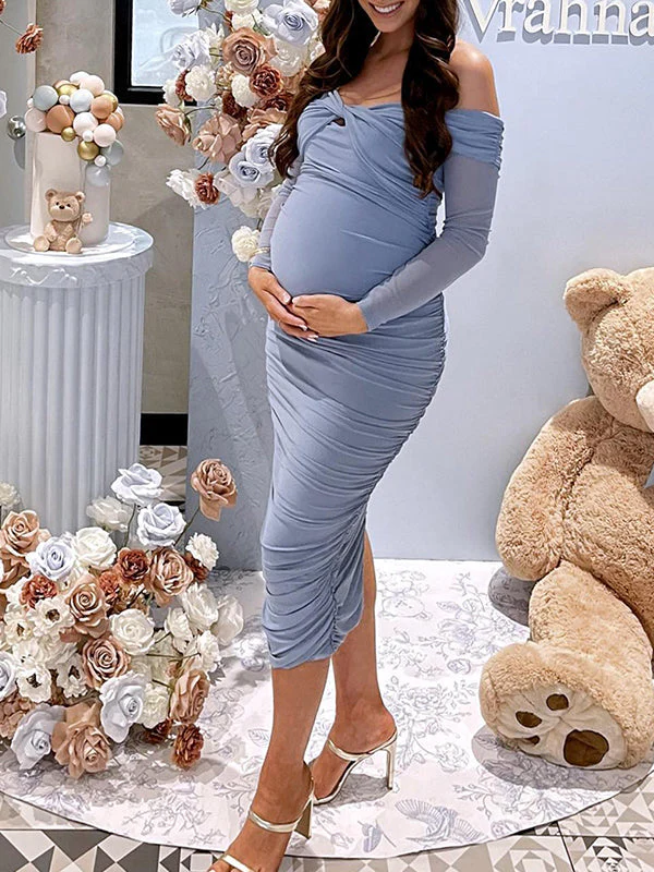 Momsmood Blue Ruched Off Shoulder Cross Chest Bodycon Elegant Wedding Guest Maternity Photoshoot Midi Dress