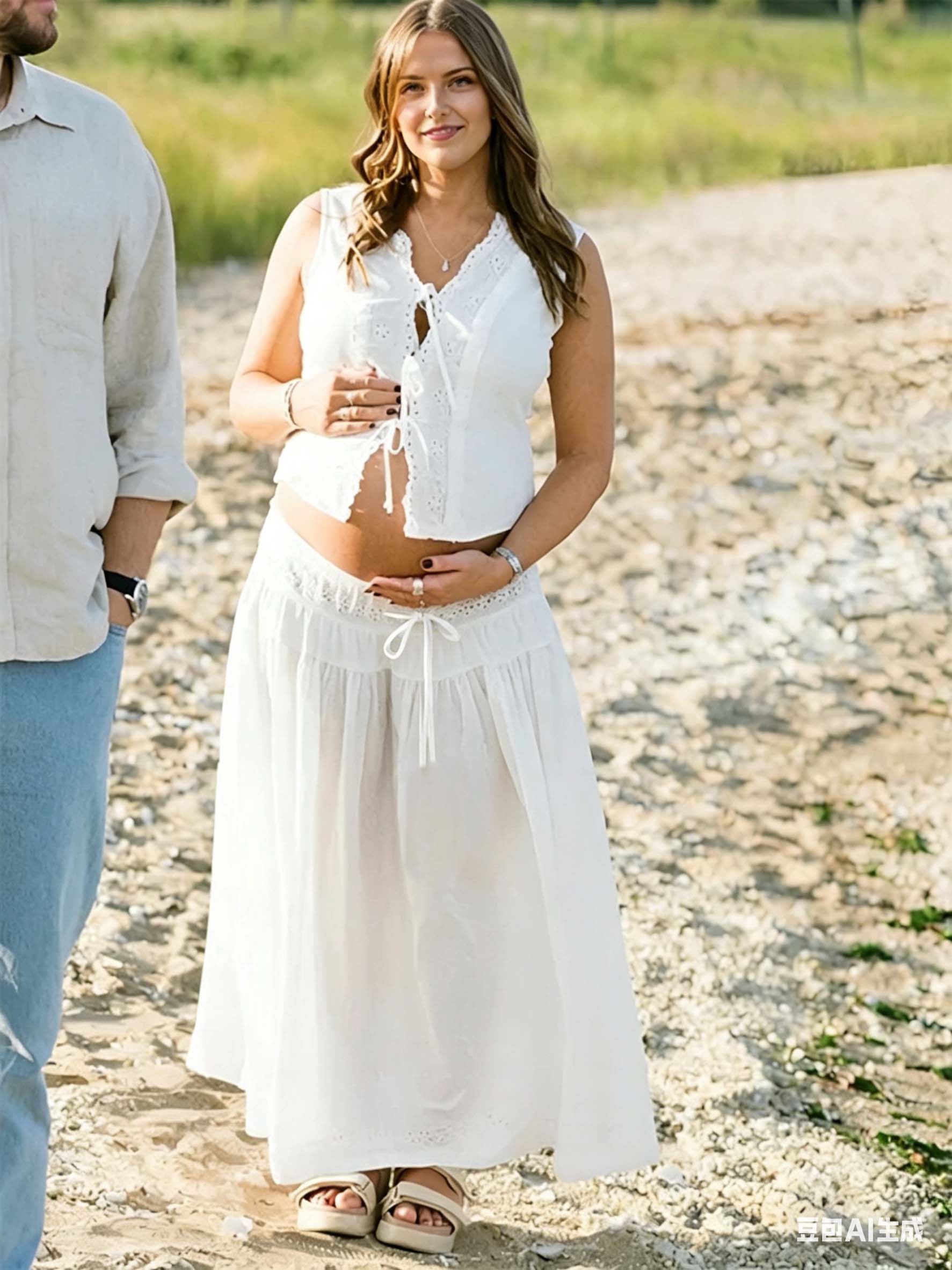 Boho White Lace Two Piece Lace Up Openwork Maternity Maxi Dress