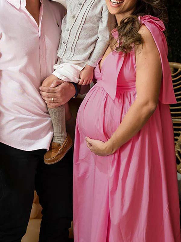 Momsmood Pink V neck Lace-up Open Back  Banquet Party Baby Shower Maternity Photoshoot Maxi Dress