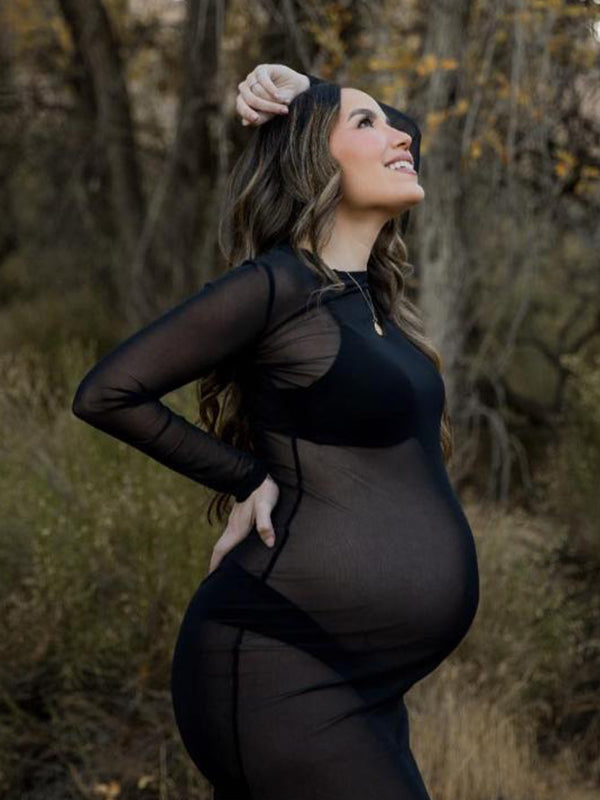 Momsmood Black Tulle Pregnancy Dress Grenadine Sheer Maternity Photoshoot Dress