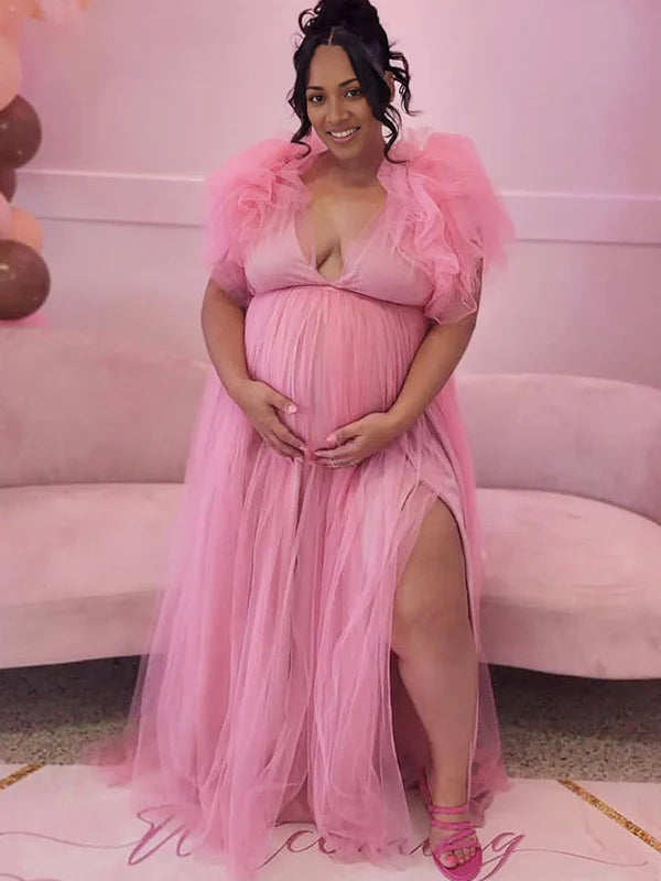 Momsmood Maternity Plus Size Tulle Ruffle V-neck Slit Photoshoot Baby Shower Maxi Dress